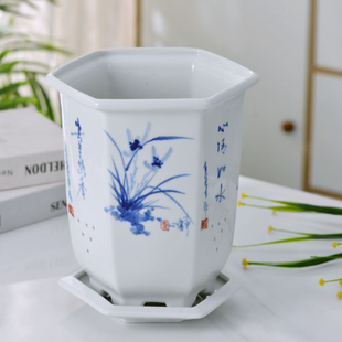 景德镇高温陶瓷手绘花盆特大号超大号兰花专用高盆深盆细长带托盘