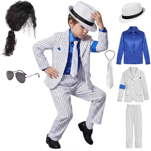 迈克杰克逊演出服条纹西装套装模仿秀少年儿童男女童MJ cos表演服