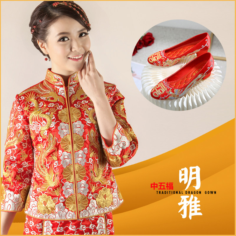 中五福机绣裙褂龙凤褂金银线褂新娘中式礼服敬酒服旗袍嫁衣可定做