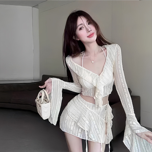 2025新款 蕾丝泳衣四件套气质性感纯欲风小胸聚拢度假比基尼女 长袖