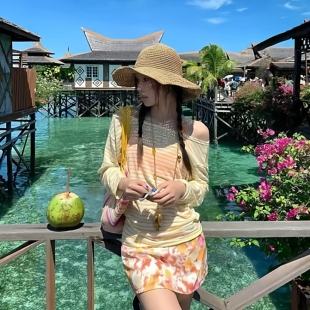 多巴胺甜美少女短裙比基尼四件套小胸分体长袖 海边度假风泳衣 罩衫