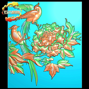 牡丹花精雕图灰度图浮雕图 锦上添花石雕木雕背景墙电脑雕刻图-48