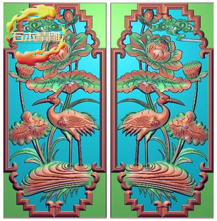 新款墓碑石材8-007 仙鹤荷花精雕图灰度浮雕图石碑边板一对雕刻图