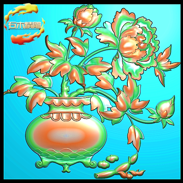 精雕图牡丹 灰度图浮雕图 牡丹花花瓶 mudanhua002