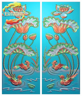 新款墓碑石材8-010 鸳鸯荷花精雕图灰度浮雕图石碑边板一对雕刻图