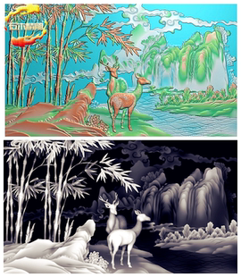 鹿竹同春精雕灰度浮雕图 石材雕刻壁画护墙板贴画竹子仙鹿山水图