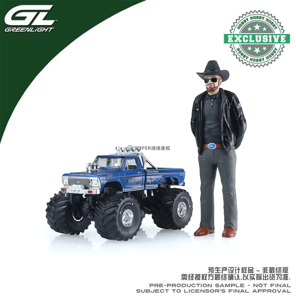 绿光 1:64 1979福特F-250怪兽大脚车附1:18鲍勃·钱德勒人偶30544