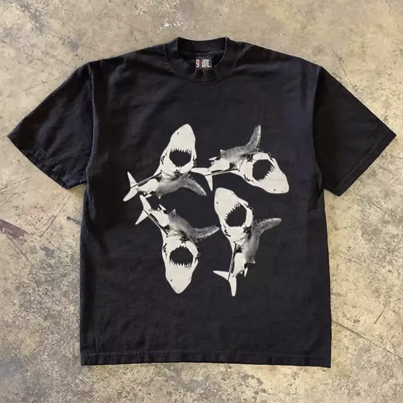 두꺼운 면 260G으로 자선단체에 기부하세요  SILLY FISH 빈티지 미국 문자 커플 의류 남성 및 여성용 루즈