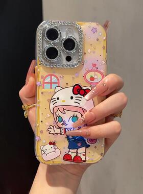 奶黄色镶钻kt猫苹果16手机壳iphone15promax新款2025网红爆款女16Pro独特超好看13高级感14pm防摔保护套壳