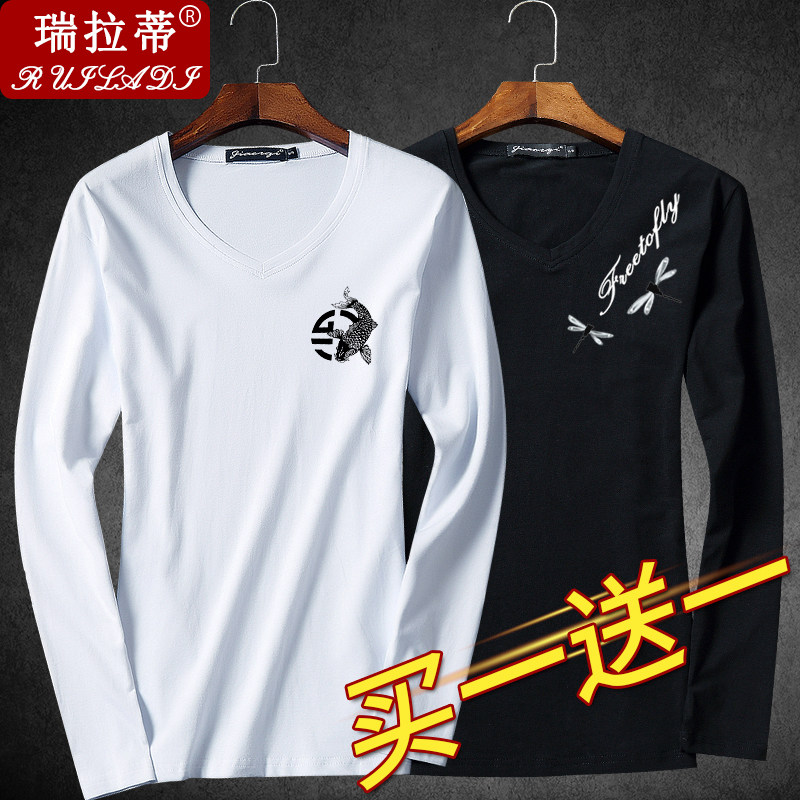 v领t恤男长袖2026年春秋季新款潮牌潮流纯棉ins内搭修身简约百搭