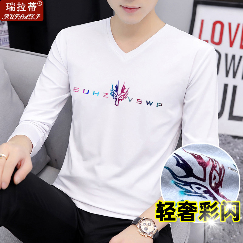 新款】男士长袖t恤修身潮纯棉v领轻奢彩闪印花衫青年春秋季体恤衫