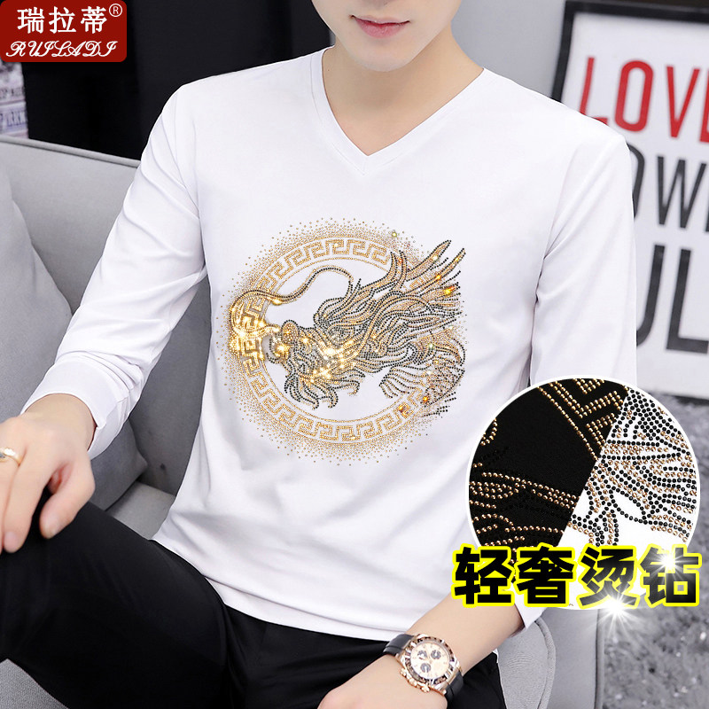 中国风3D重工烫钻长袖t恤男春秋季潮牌纯棉v领修身T恤衫青年上衣