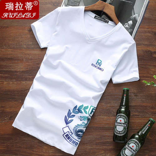 国潮新款短袖t恤男纯棉v领中国风龙腾图夏季半袖青年修身上衣服