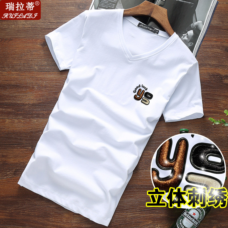 夏季纯棉新款短袖t恤男修身v领刺绣印花上衣服青年鸡心领半截袖潮