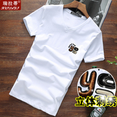 纯棉新款 短袖 t恤男修身 夏季 v领刺绣印花上衣服青年鸡心领半截袖 潮