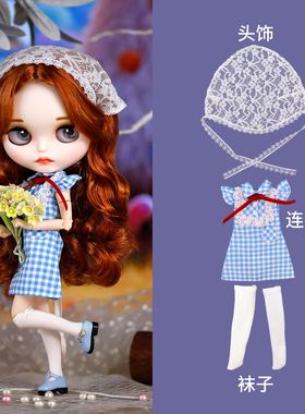 ICY DBS小布娃娃衣服田园可爱甜美蓝色格仔蕾丝头巾裙19关节娃衣