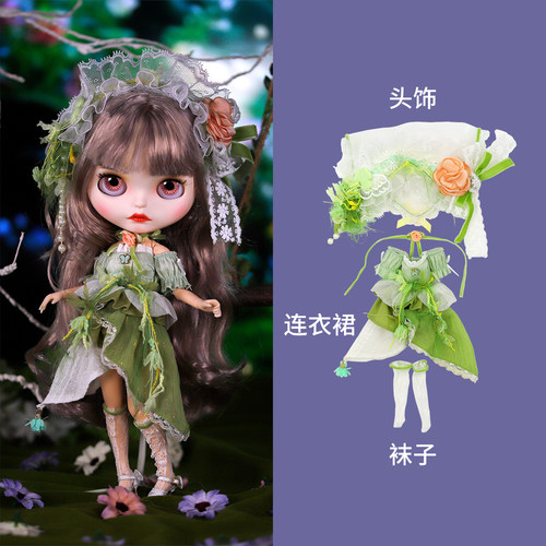 ICY DBS小布娃娃衣服绿色森林花之精灵连衣裙套装19关节ob24娃衣