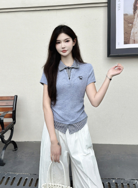 绣花修身短袖T恤女2026夏季新款韩版拼接格子翻领假两件小衫上衣