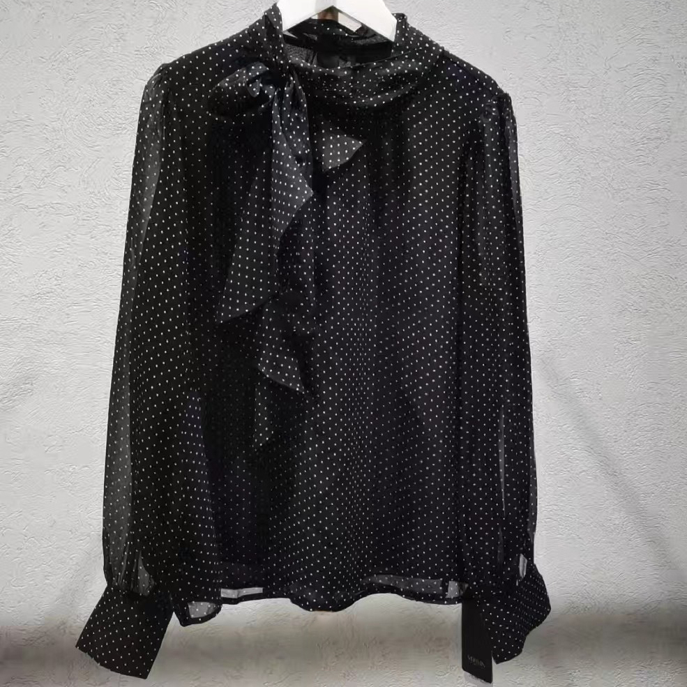 复古立领系带波点衬衫女