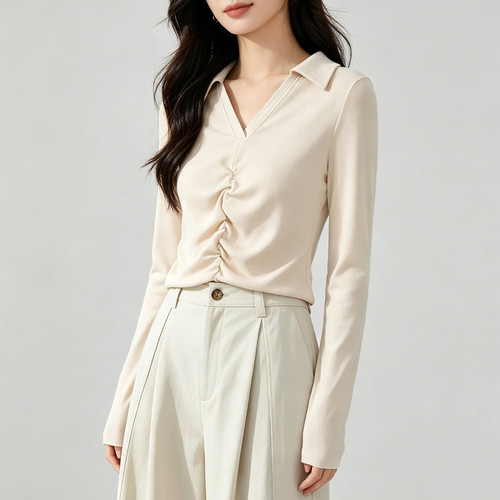 开叉长袖褶皱T恤女Polo衫