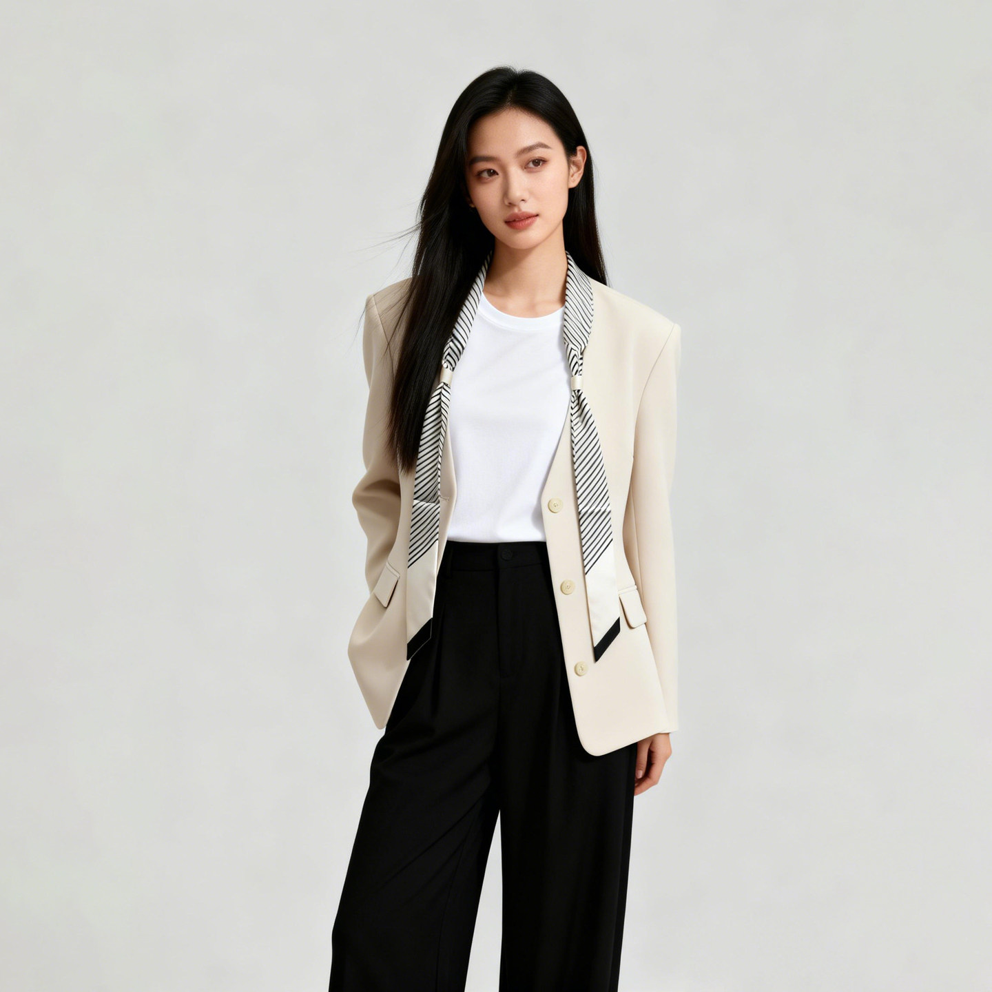 velwin蔚雯2026春季新款v领丝巾西装外套女通勤气质西服百搭上衣