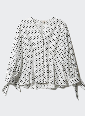 velwin蔚雯收腰波点衬衫女春季新款V领长袖全棉衬衣百搭减龄上衣