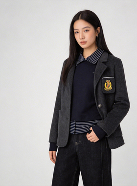 idole奕多高级感毛呢西装外套女冬新款灰色双面尼大衣学院风西服