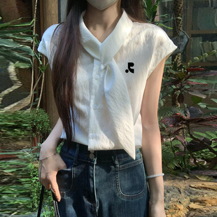 韩国购Restandrecreation短袖衬衫女夏季气质显瘦飘带小飞袖上衣