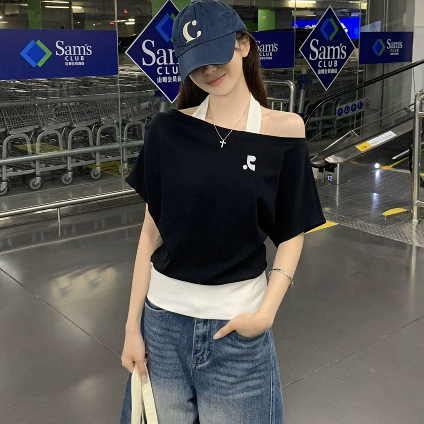 韩国RestandRecreation斜肩t恤女
