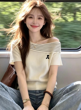 韩国购Restandrecreation短袖T恤女夏薄款纯欲风条纹一字肩针织衫