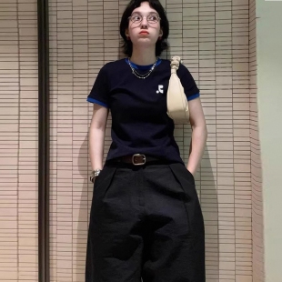 韩国购Restandrecreation 短袖T恤女藏蓝色辣妹正肩轻奢chic上衣