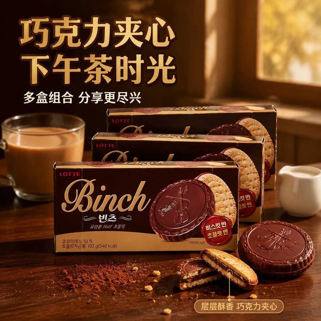 韩国进口LOTTE乐天宾驰 Binch 巧克力饼干102g办公室休闲网红零食