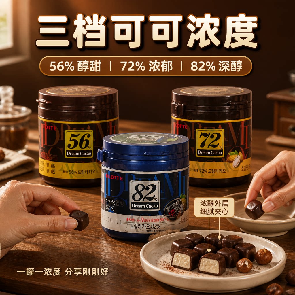 韩国进口休闲零食乐天梦苦黑巧克力豆56%72%82%脆米罐装纯可可脂