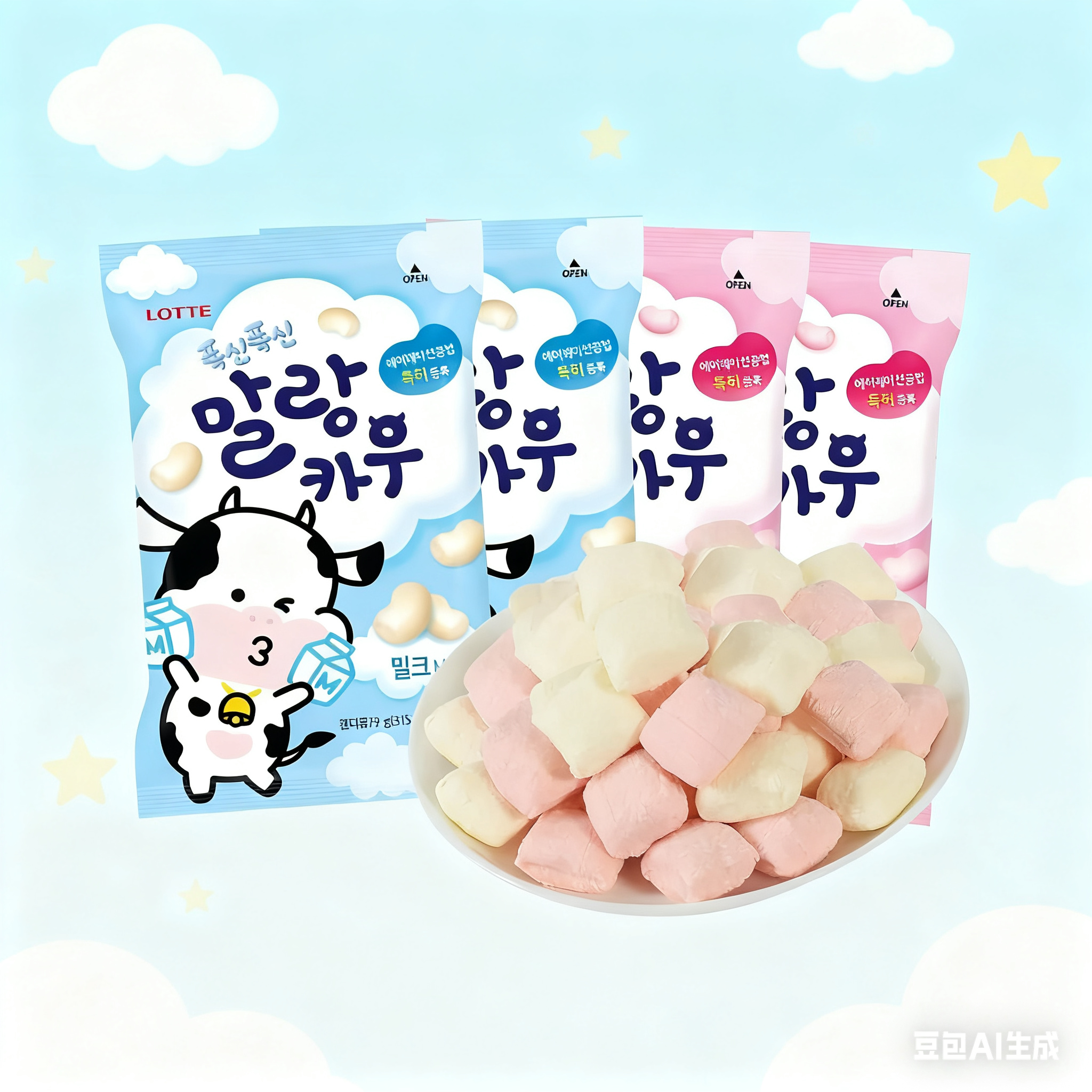 韩国进口正品乐天棉花牛牛软糖袋草莓酸网红伴手礼奶糖零食