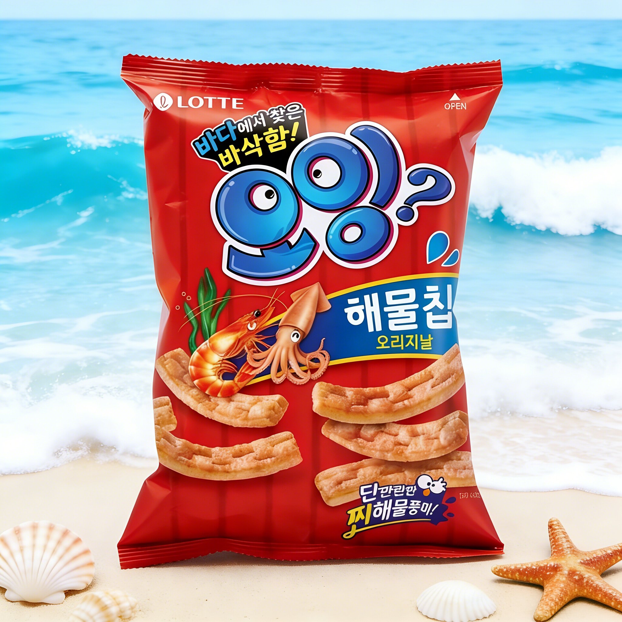 韩国进口零食乐天鱿鱼虾条膨化75g袋烤鱿鱼鲜虾味办公室休闲食品