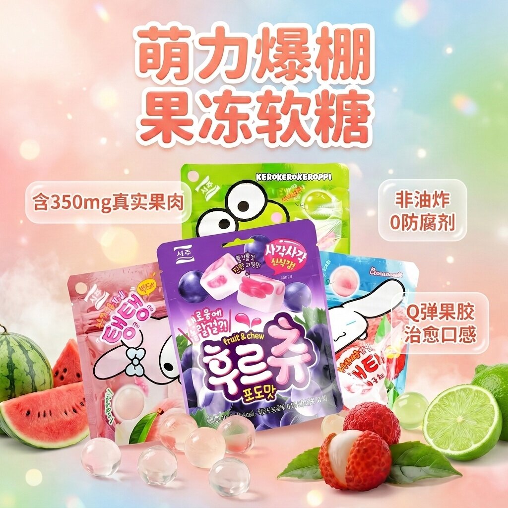 韩国进口西洲三丽鸥库洛米混合果汁软糖QQ葡萄桃子爆浆糖休闲糖果