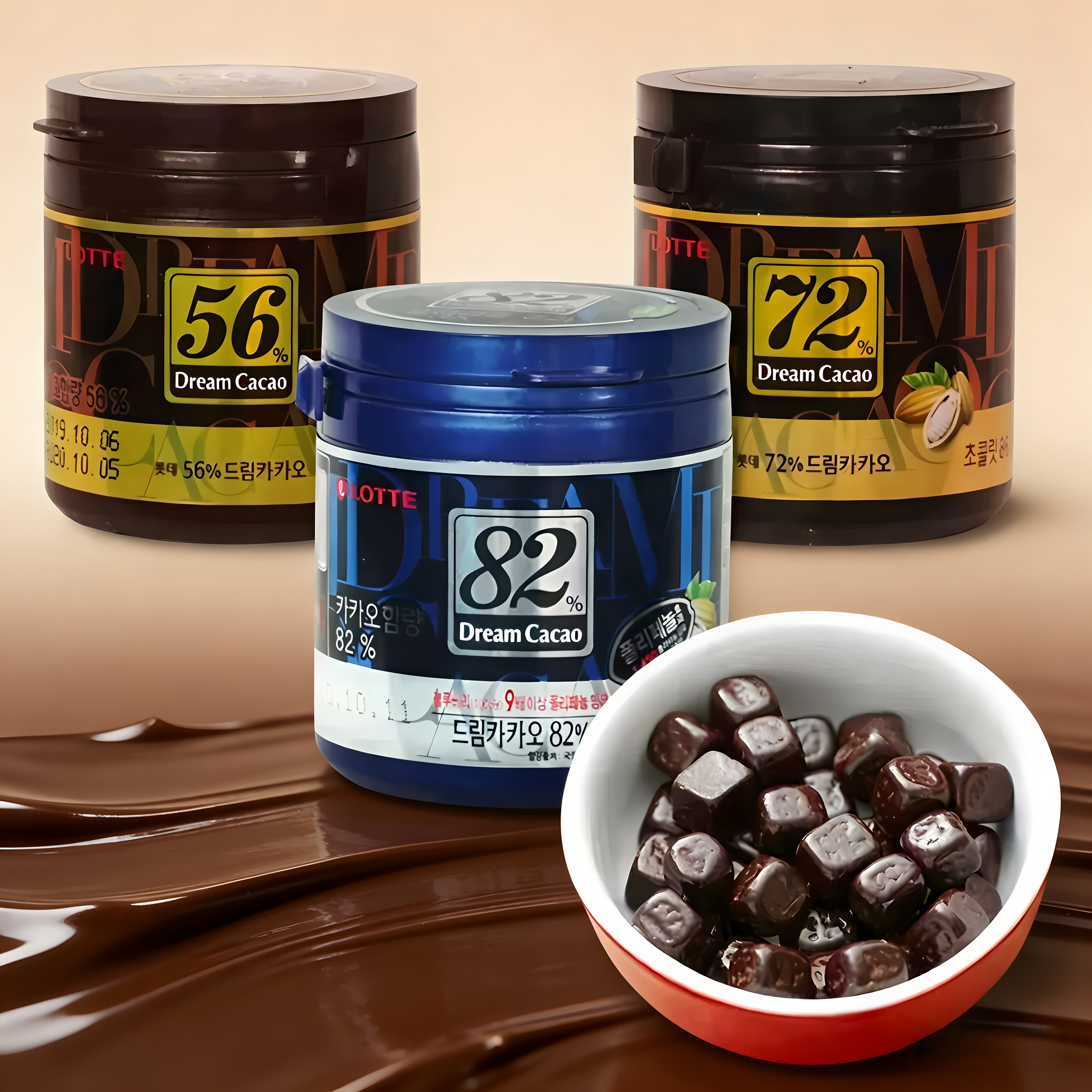 韩国进口休闲零食乐天梦苦黑巧克力豆56%72%82%脆米罐装纯可可脂