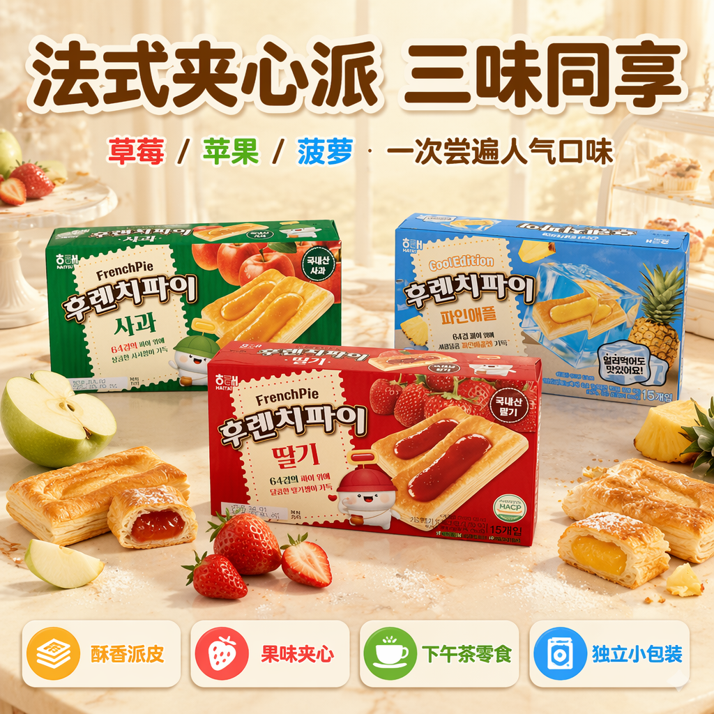韩国海太果酱派苹果草莓菠萝三味192g进口千层酥饼干早餐点心零食