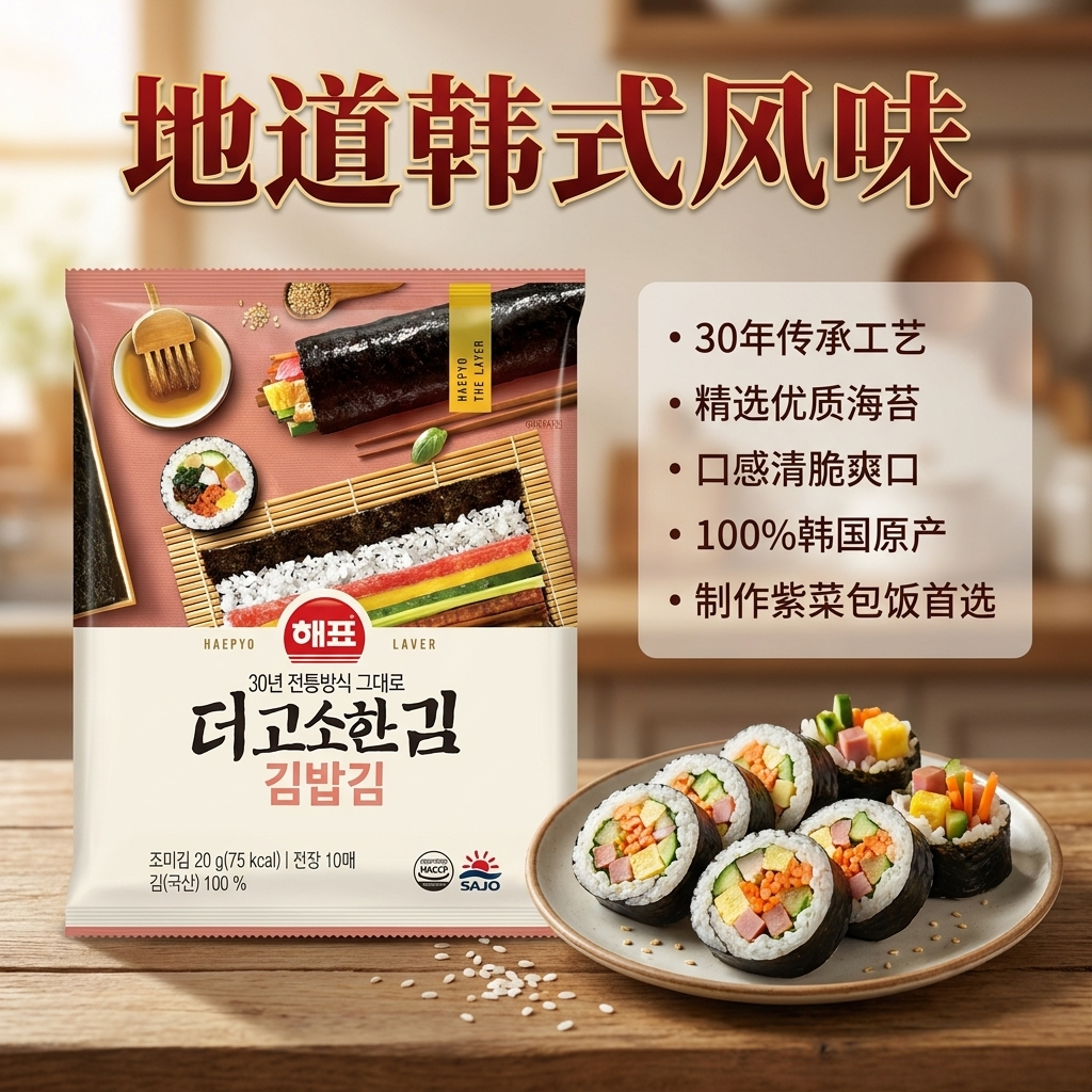韩国进口海牌包饭海苔大片寿司专用烤紫菜家用饭团拌饭即食海苔片