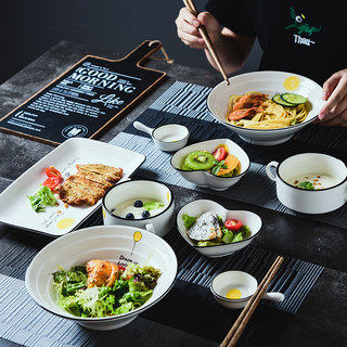 创意早餐碗盘套装日式一人食泡面碗家用情侣可爱陶瓷碗碟餐具粥碗