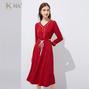 显瘦垂感日常可穿休闲小红裙大码 女装 红色连衣裙秋长袖 阔法式