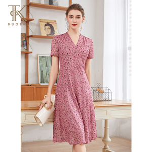 阔太2025夏季新款时尚优雅气质收腰显瘦V领印花中长款短袖连衣裙