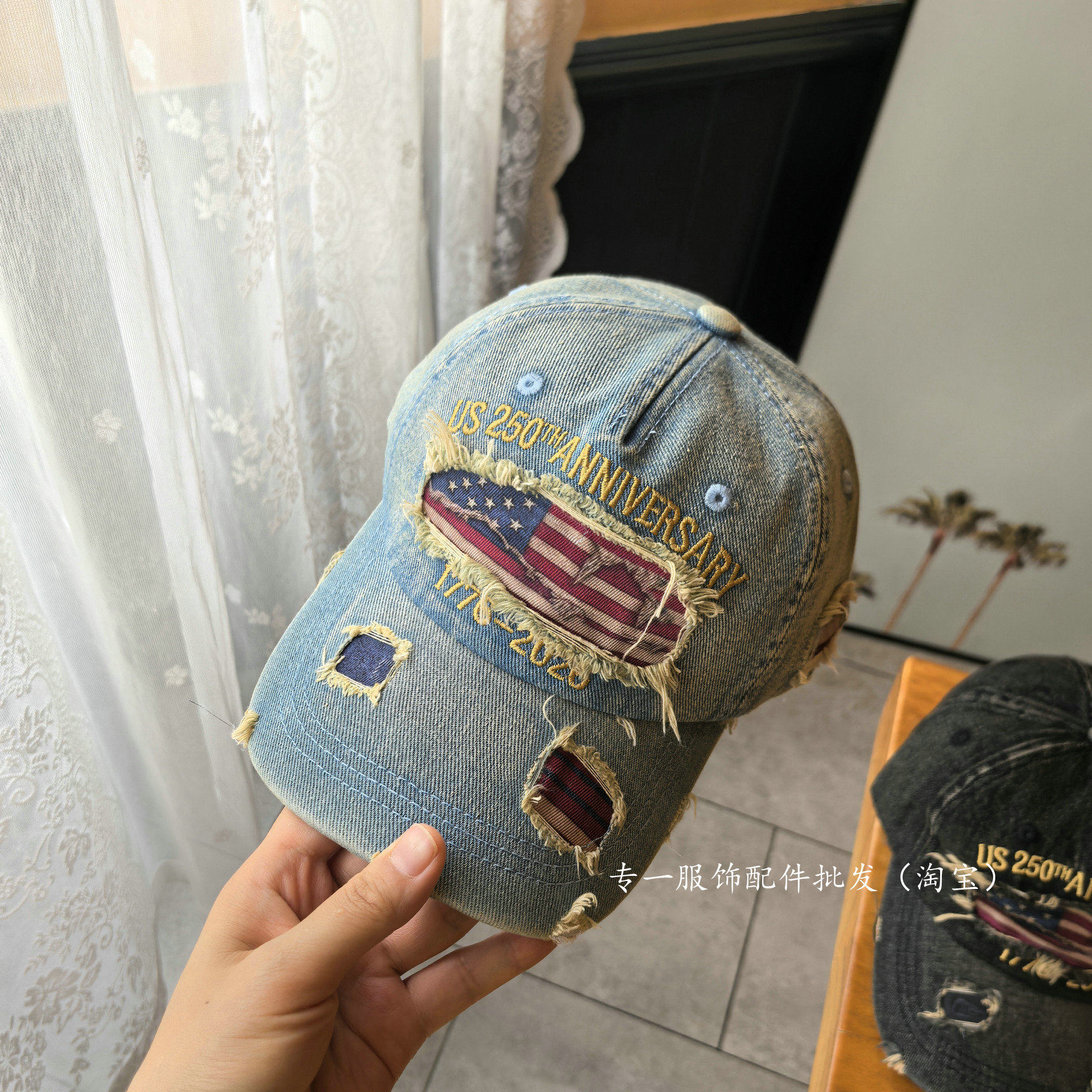 美式复古水洗破洞做旧牛仔棒球帽男女街头潮帽美国国旗拼缝鸭舌帽
