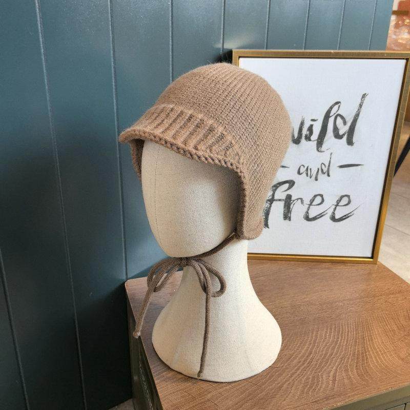 日系简约护耳针织盆帽女秋冬绑带复古纯色小檐飞机帽学生韩系保暖