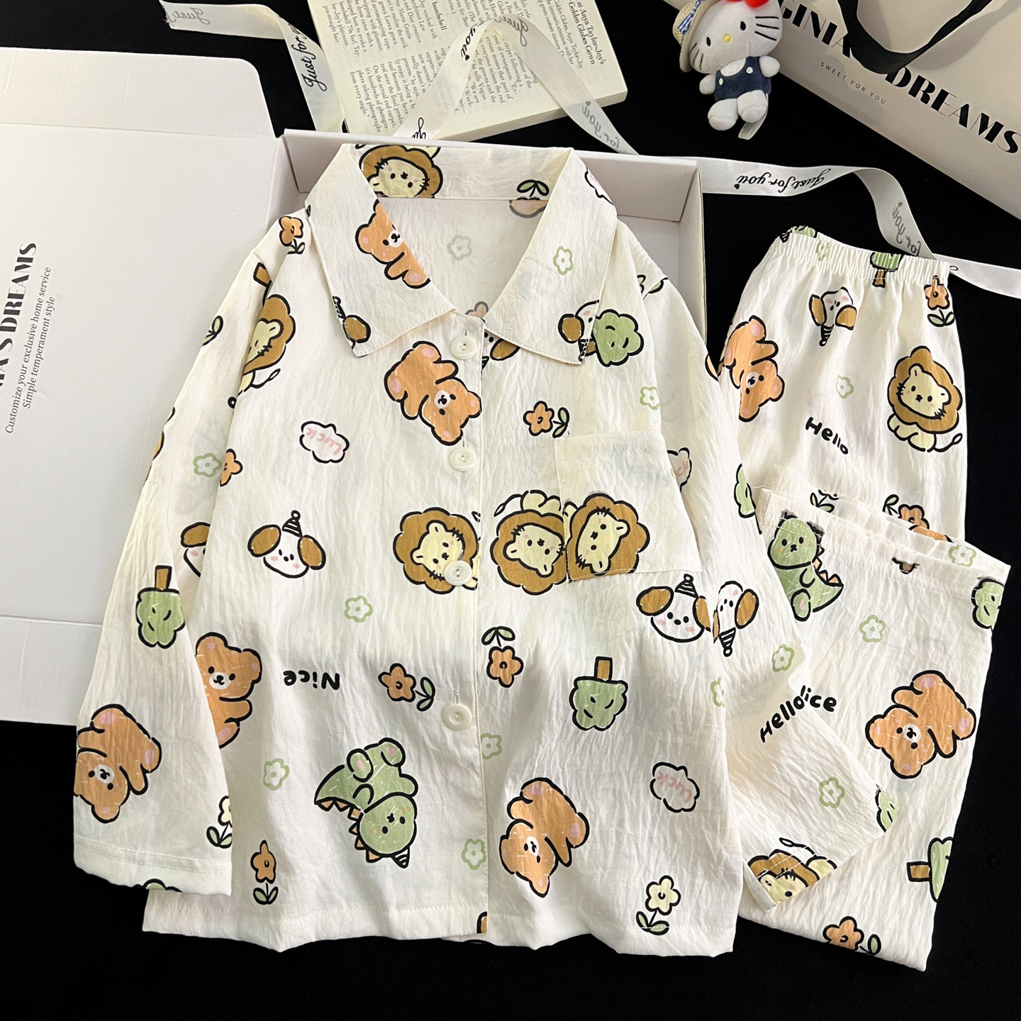 儿童睡衣男女童长袖春秋季薄款卡通狮子女孩云朵棉开衫家居服套装