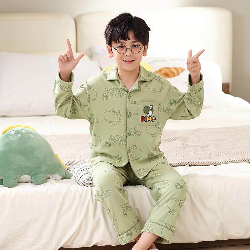 儿童睡衣男童纯棉春秋薄款男孩长袖开衫套装中大童小孩恐龙家居服