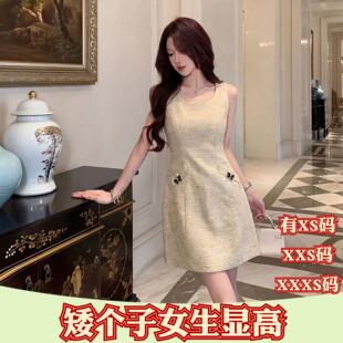 夏季女装150cm矮个子小个子XXXS连衣裙收腰方领无袖带口袋短裙子