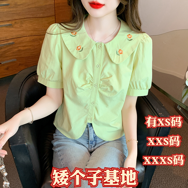 夏装加小码XXXS女装150cm显高矮个子娃娃领刺绣褶皱短袖衬衫上衣