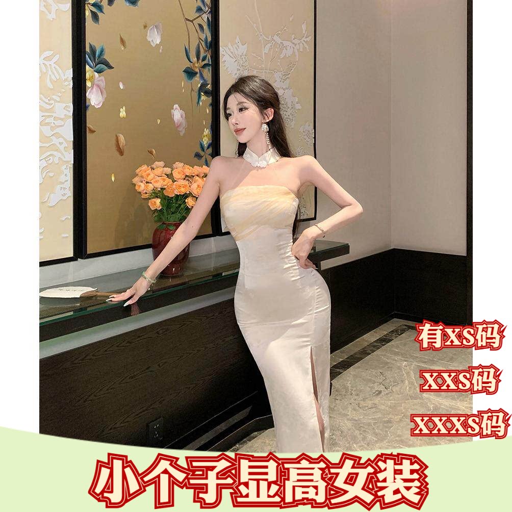 加小码XXXS女装春季150cm显高小个子开叉旗袍拼接网纱挂脖连衣裙