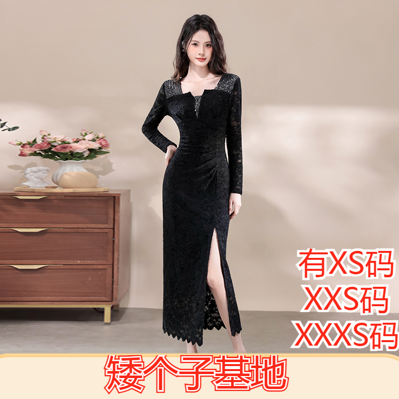 冬装小个子150cm显高加小码女装XXXS方领蕾丝连衣裙收腰开叉裙女